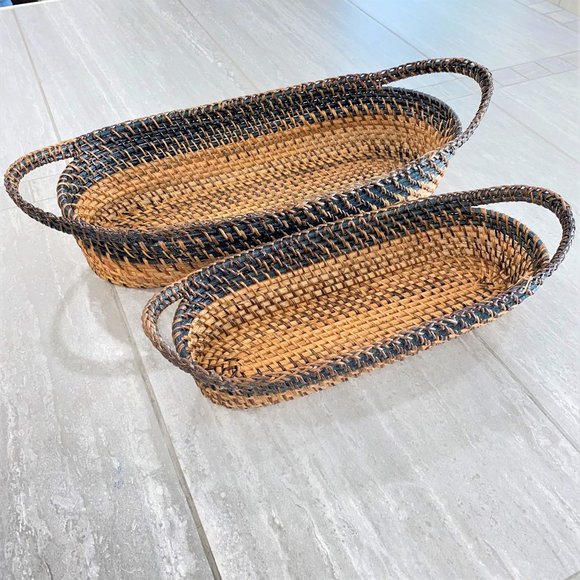 Native Rattan Hand Woven Bread Pastry Fruit Rectangular Bowl w/ Handle Set of 2